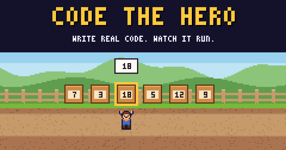 The Code the Hero hero standing below a row of numbered crates, the heaviest one glowing gold